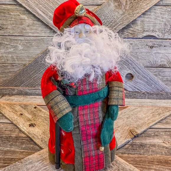 Traditional Christmas Santa Treetop/Tabletop-Embroidered Coat/Plaid Accents-10"H - Picture 7 of 8